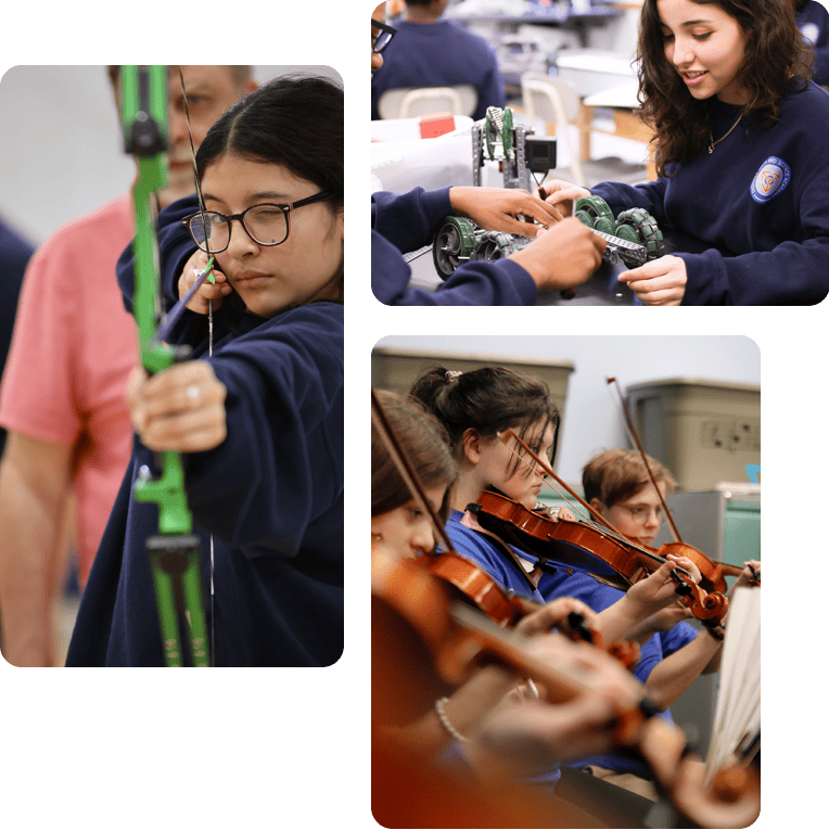 Collage showing students participating in extracurricular activities: aiming in archery, building a robot, and playing the violin in an orchestra