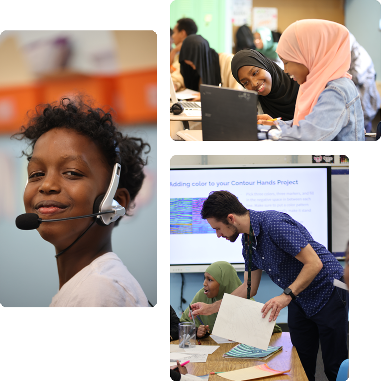 Students engaged in learning and interacting in a classroom collage